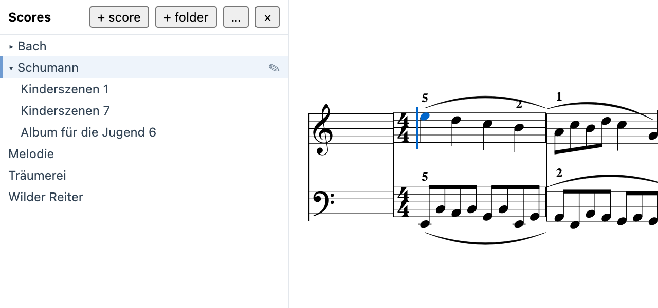 The folder view on the left, the score pushed right to make room: the folder's name with + score, + folder and the … button to pick another; sub-folders that open in place — Schumann, expanded and last clicked, is marked with a blue bar as the folder new scores go into — and a row per .mei score, the one under the pointer offering its ✎ to rename.