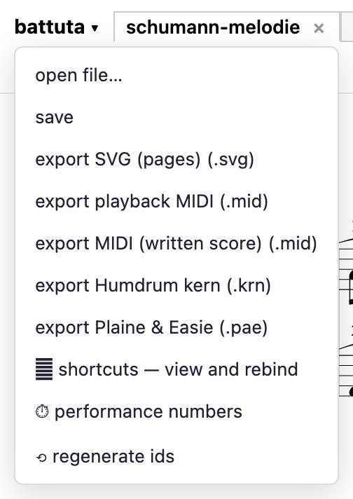 The battuta menu: open (any supported format), save, the exports — playback MIDI, written-score MIDI, SVG pages, Humdrum, Plaine & Easie — and the shortcut editor, performance numbers and id repair.