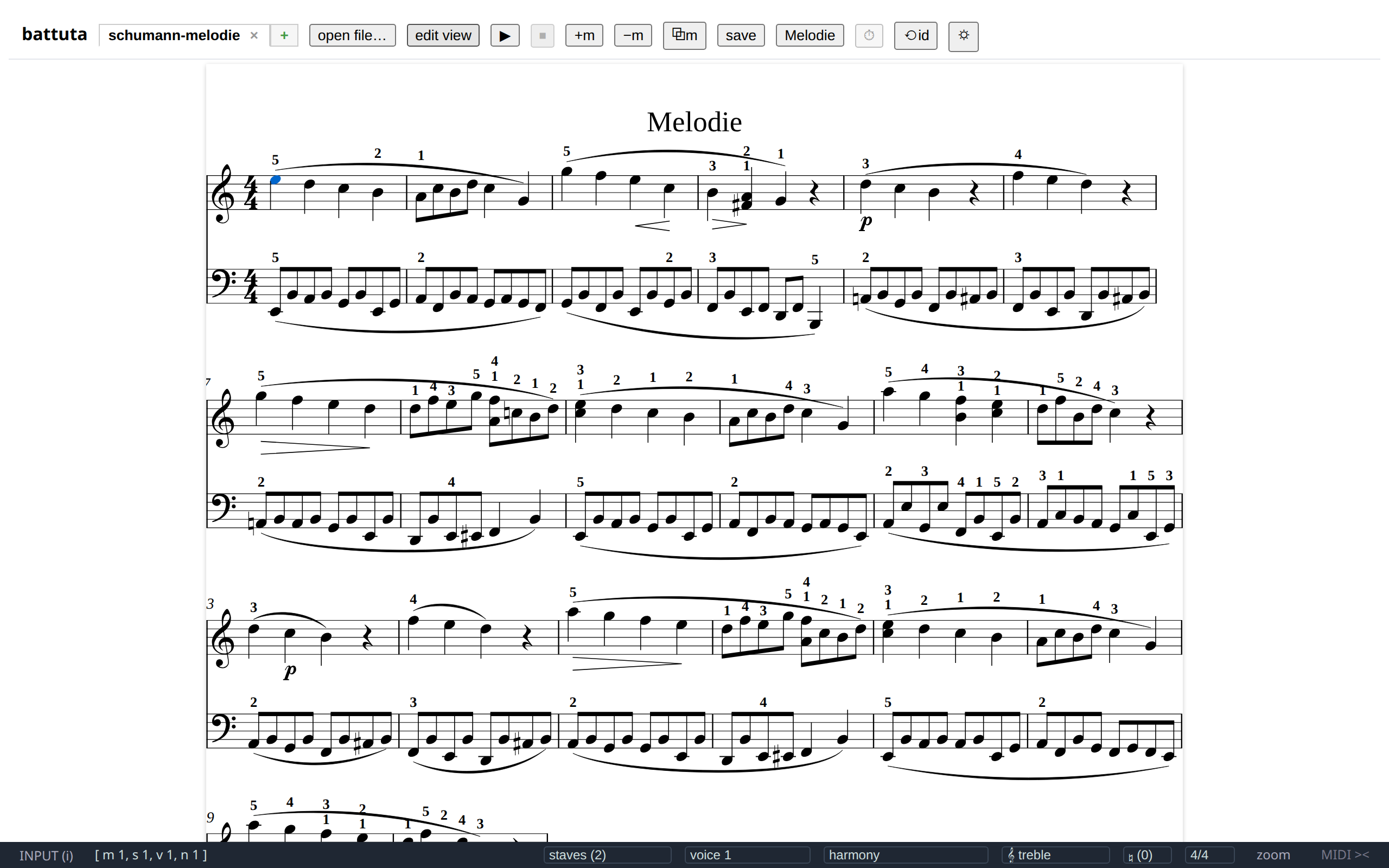 Page view: the whole document through Verovio's page layout, with the printed title — and the player controls in the header.