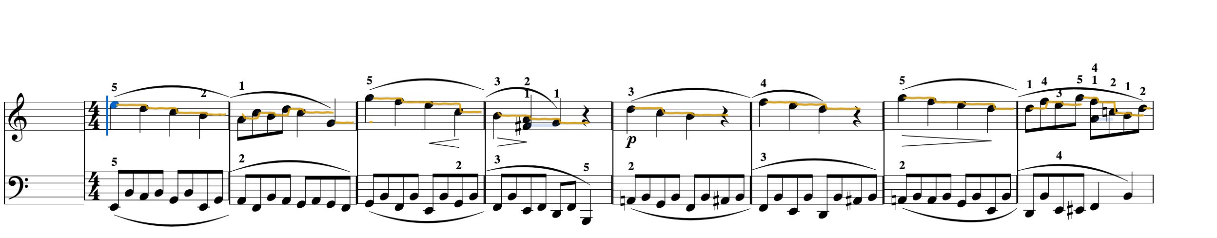 The same recording over the measures in edit view: the trace sits on the staff nearest its pitch, fitted through that measure's noteheads, with the written notes as faint bars for their length — a note held short stops early, a sharp one runs above its head.