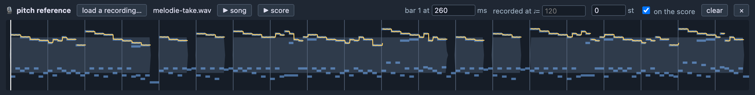 The pitch reference panel: the controls — load, ▶ song and ▶ score, bar 1, the recorded tempo, the transposition, on the score — above the strip: the waveform, a tick per measure, the written notes as blue bars, the recording's pitch as the yellow trace, the dashed line where bar 1 begins and the white playhead.