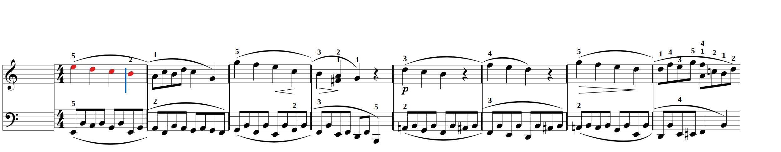An event run selected in red: shift-click from the caret, or shift+arrows, along one voice.