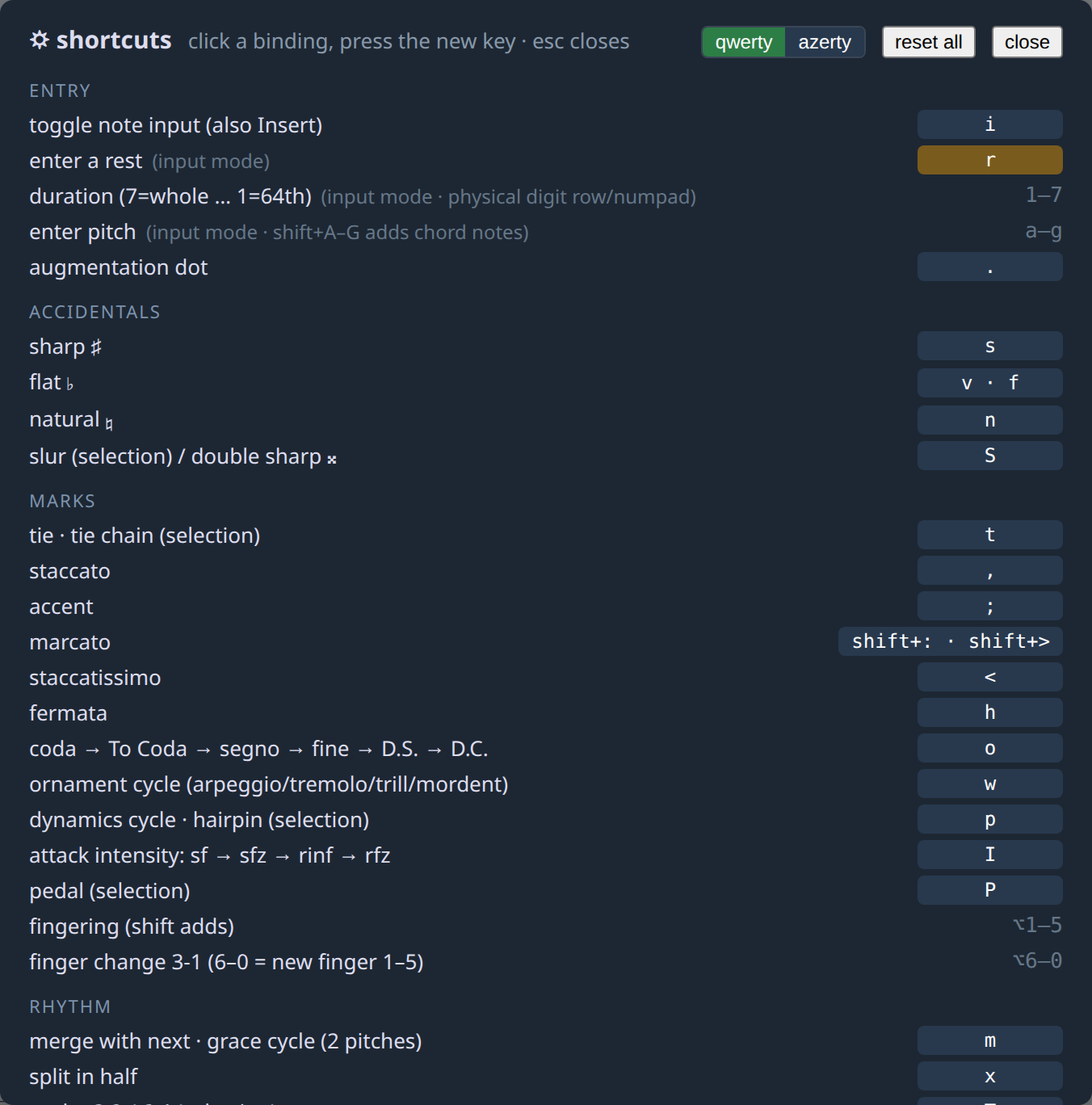 The shortcut editor: every action grouped with its current keys, the QWERTY/AZERTY layout toggle, and rebinding by clicking a key and pressing a new one.