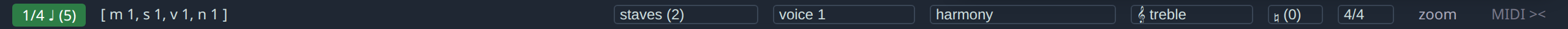 Input mode on: the indicator turns green and reads the duration about to be written — here a quarter note on the 5 key — beside the caret readout.