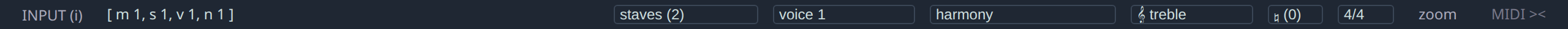 The status bar: the INPUT indicator and caret readout on the left; staves, voices, harmony, clef, key, meter, zoom and MIDI on the right.