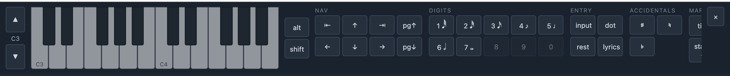 The on-screen keyboard: two piano octaves with the octave rail, the alt/shift latches, the digit pad, and one key per action, grouped like the shortcut editor.
