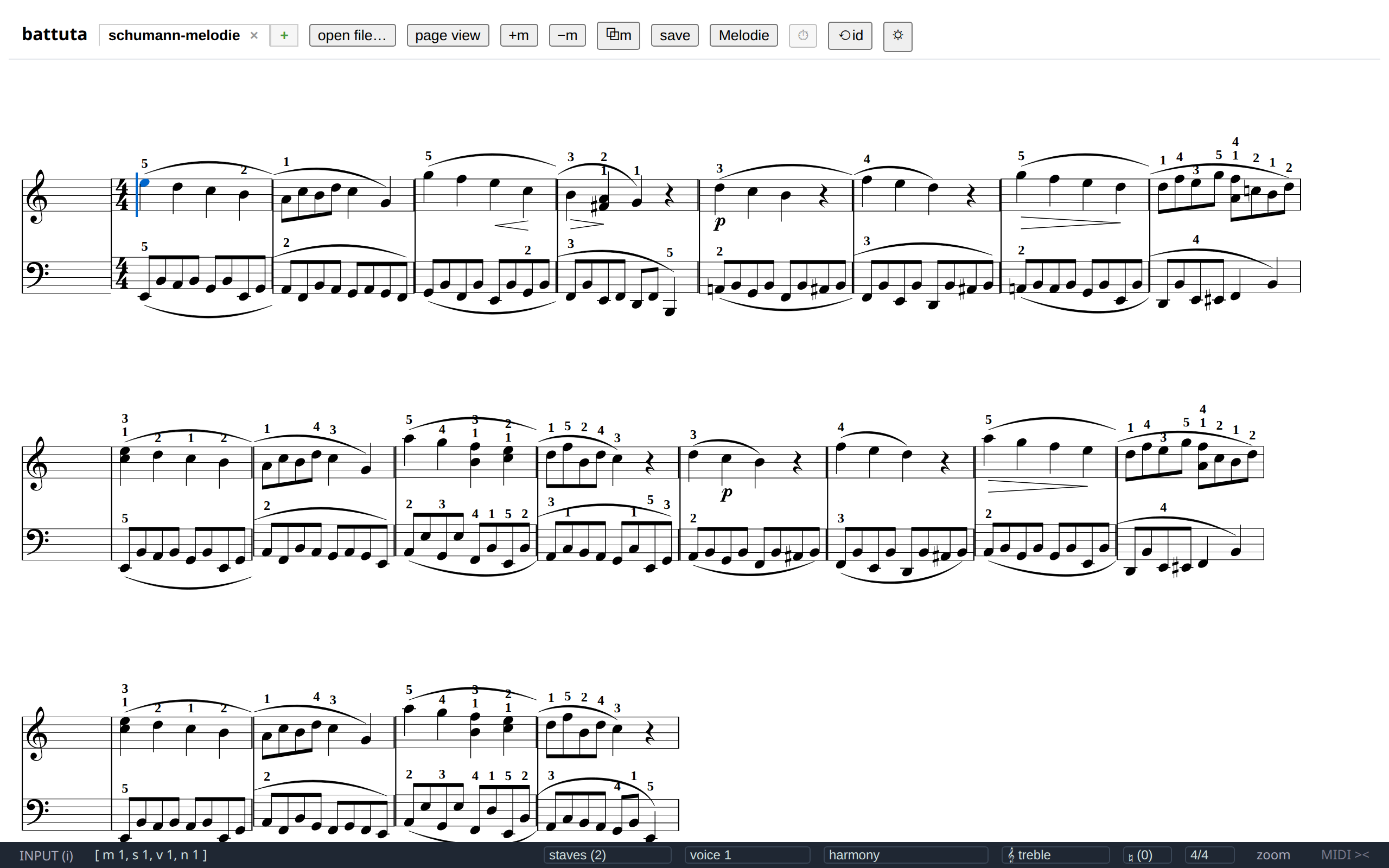 The battuta window: header with tabs, the score as measure tiles flowed into rows, and the status bar. Schumann's Melodie is open with the caret on its first note.