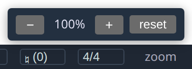 The zoom panel over its status-bar button: minus, plus and reset, from 50% to 250% in 25% steps.